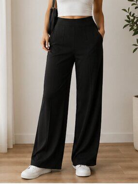 Black High Waist Wide Leg Pants Tailored Stretch Pull On